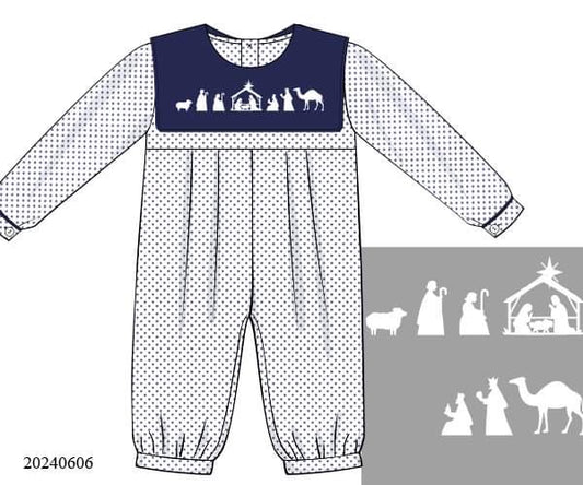 PREORDER Boys Classic Nativity Bibbed Long Romper