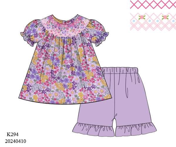 PREORDER Purple Floral Smocked Ruffle Shorts Set