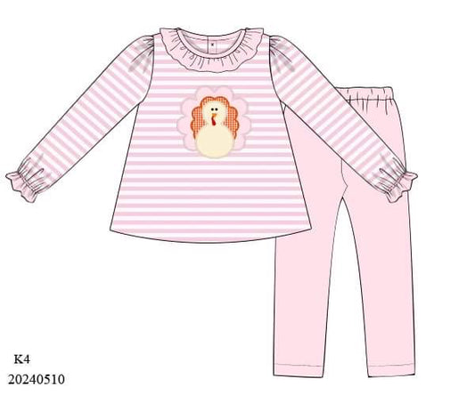 PREORDER Knit Stripe Turkey Appliqué Girls Legging Set