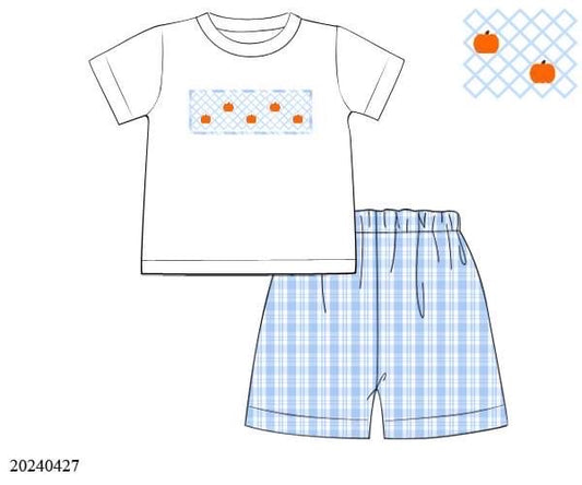 PREORDER Blue Plaid Pumpkin Boys Shorts Set