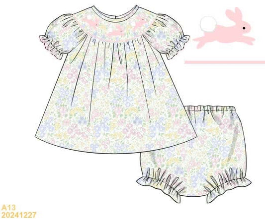 PREORDER Floral Bunny Smocked Diaper Set