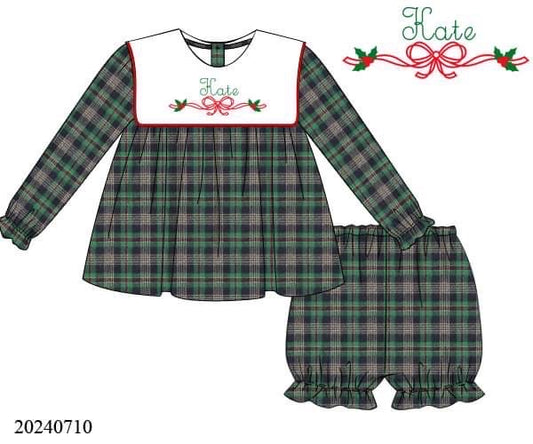 PREORDER Plaid Bow Embroidered Bib Bloomer Set