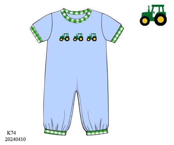 PREORDER Boys French Knot Tractors Long Romper