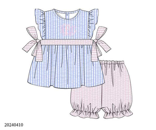 PREORDER Blue and Pink Seersucker Bloomer Set