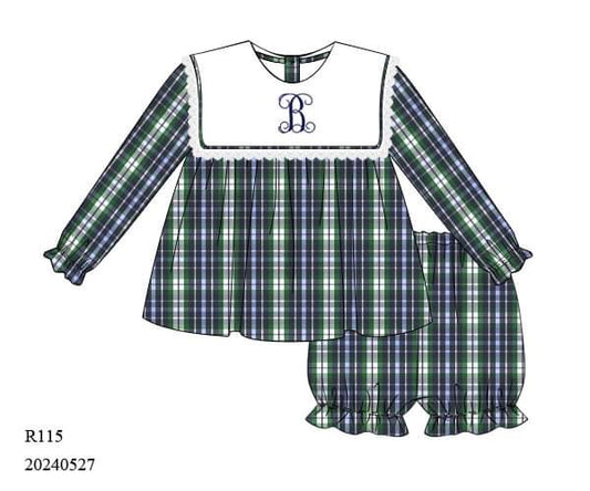 PREORDER Navy and Green Plaid Bloomer Set