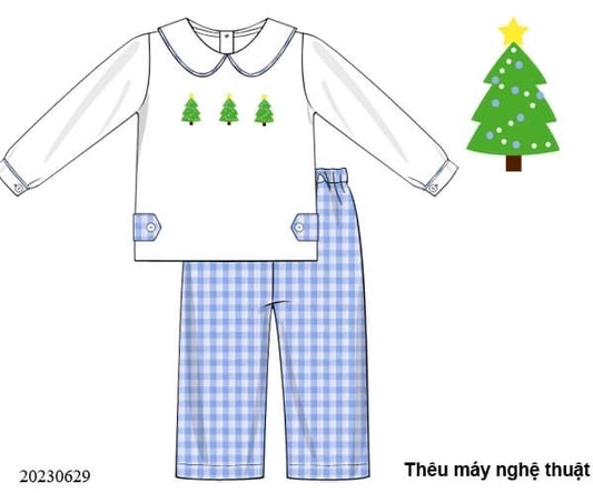 PREORDER Boys Collared Gingham Christmas Tree Pants Set