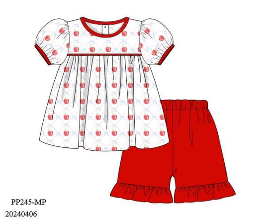 PREORDER Apples and Bows Knit Ruffle Shorts Set