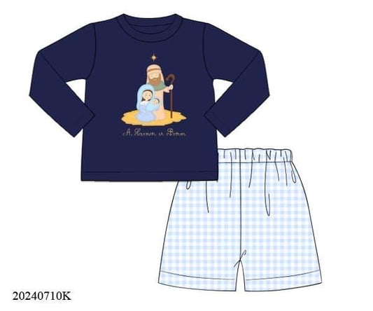 PREORDER Knit Nativity Appliqué Boys Long Sleeve Shorts Set