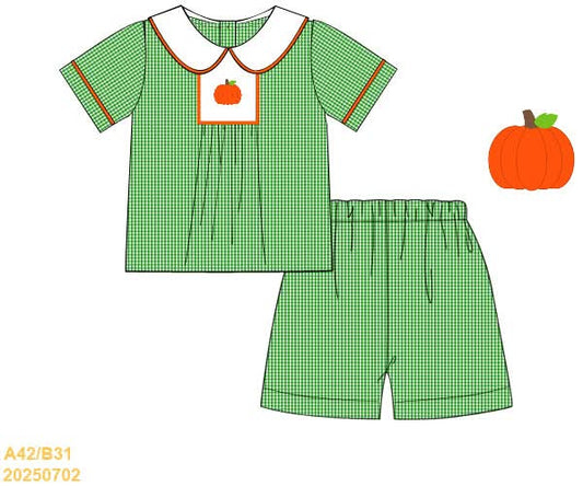 PREORDER Boys Gingham Embroidered Pumpkin Short Set