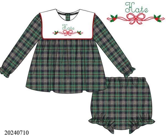 PREORDER Plaid Bow Embroidered Bib Diaper Set