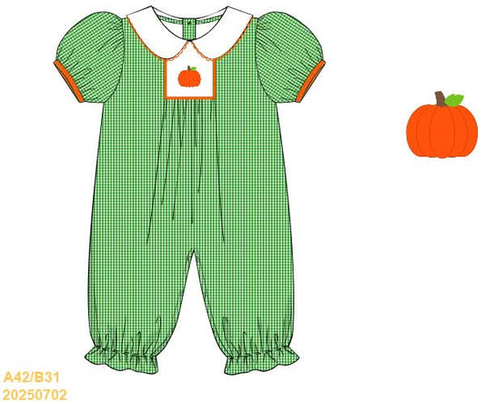 PREORDER Gingham Embroidered Pumpkin Long Romper