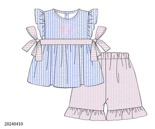 PREORDER Blue and Pink Seersucker Ruffle Shorts Set