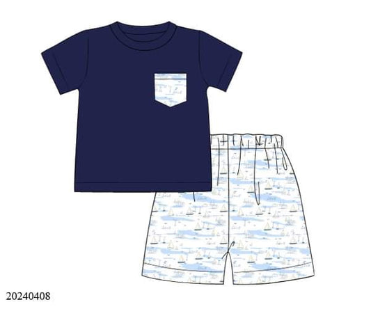 PREORDER Boys Sailboat Pocket Tee Shorts Set