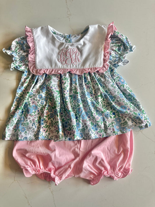 PREORDER Blue Floral Bib Bloomer Set