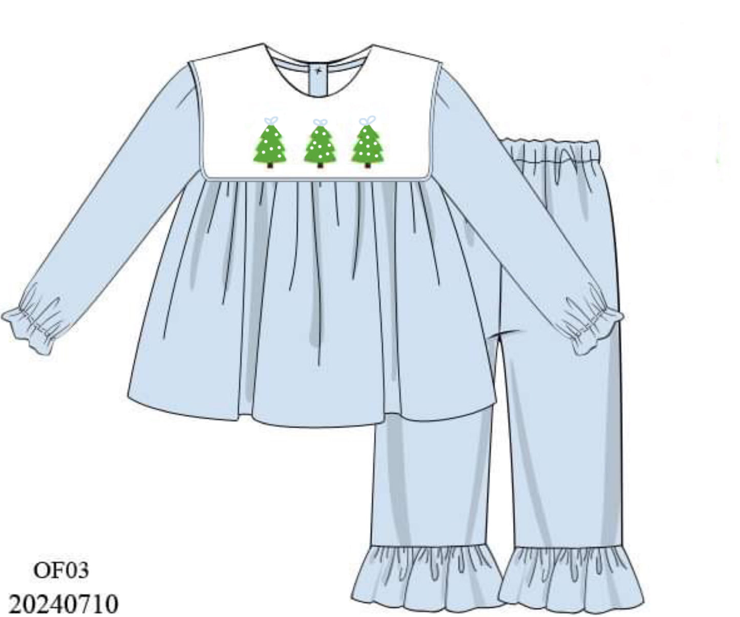 PREORDER Oxford Blue Christmas Tree Ruffle Pants Set