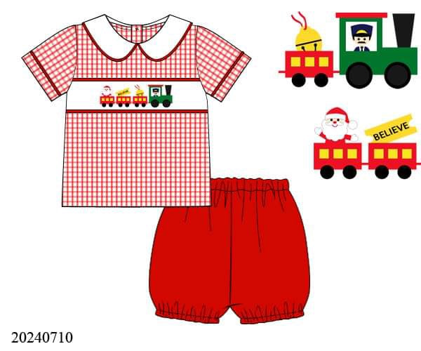 PREORDER Boys Believe Train Smocked Bloomer Set