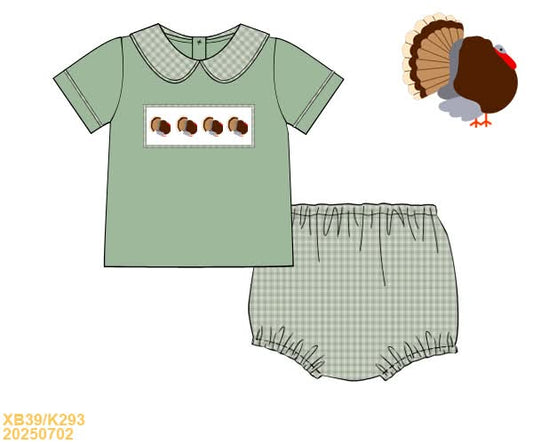 PREORDER Boys Green Smocked Turkey Collared Diaper Set