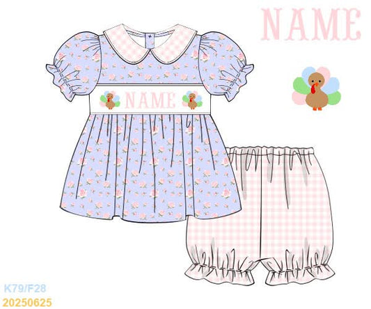 PREORDER Name Smocked Floral Turkey Bloomer Set