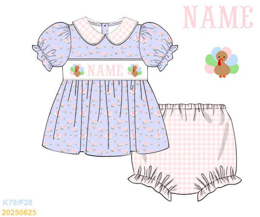 PREORDER Name Smocked Floral Turkey Diaper Set