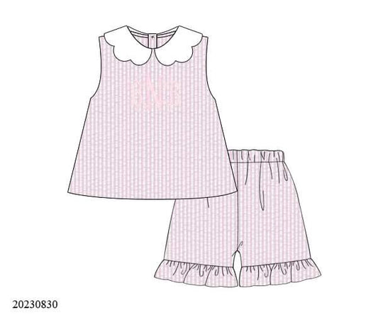 PREORDER Pink Seersucker Sleeveless Monogram Ruffle Shorts Set