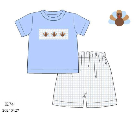PREORDER Boys Blue Plaid Turkey Shorts Set