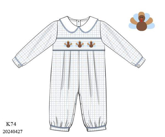 PREORDER Boys Blue Plaid Turkey Long Romper