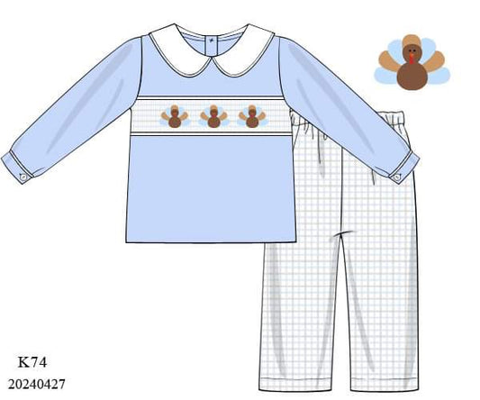 PREORDER Boys Blue Plaid Turkey Pants Set