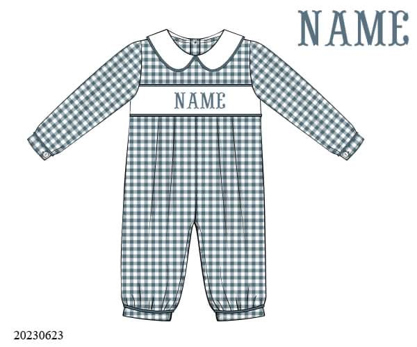 Preorder Boys Stone Blue Gingham Name Long Bubble