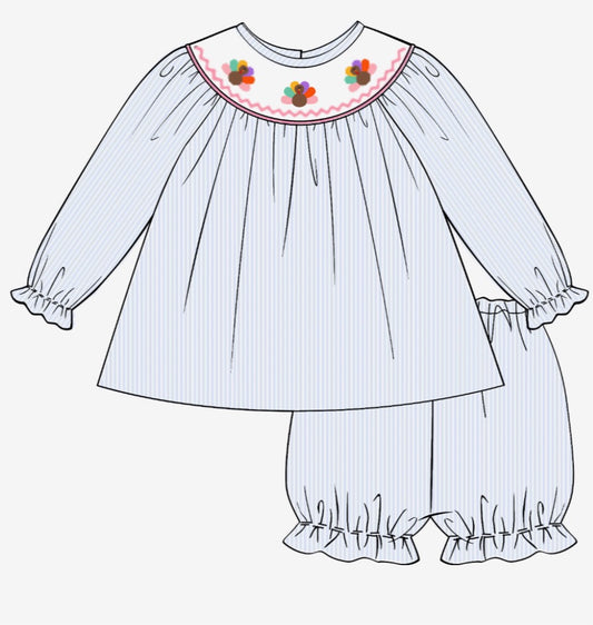 Preorder Colorful Turkey Smocked Bloomer Set