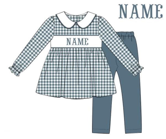 Preorder Stone Blue Gingham Name Legging Set